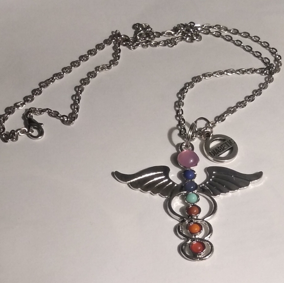 ⚕️ Medic Alert Necklace - Diabetic Charm & Bright Caduceus Staff on 22" Chain - Picture 2 of 4